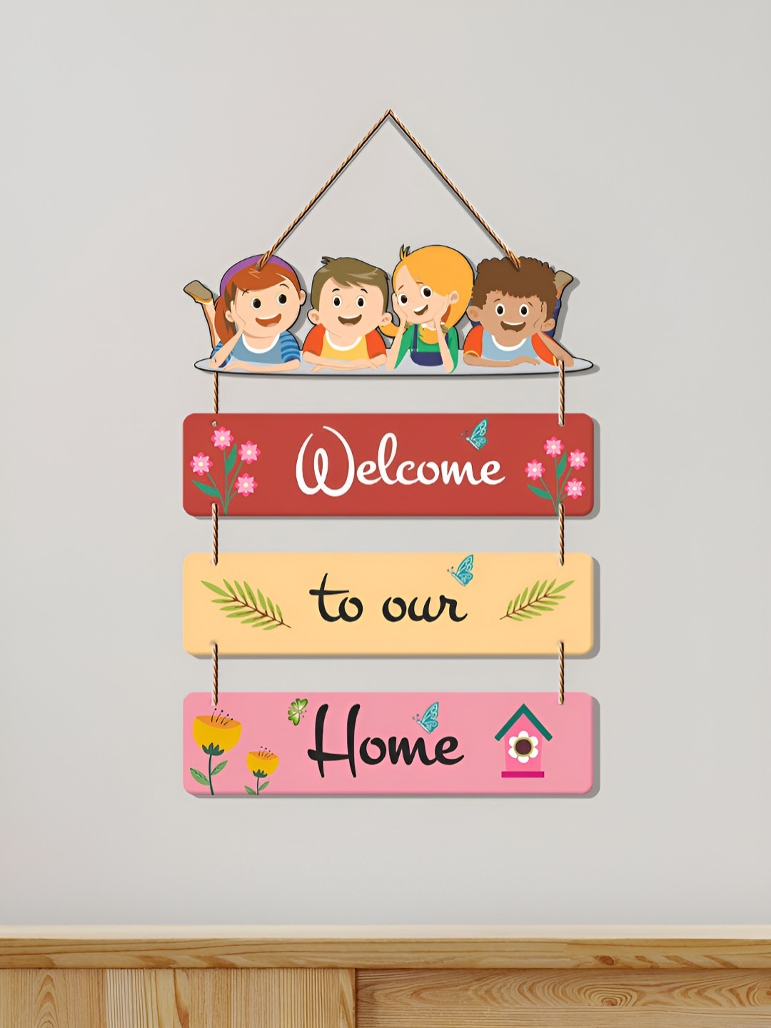 

ArtVibes Pink & Red Welcome To Our Home Printed Wooden Hanging Wall Decor