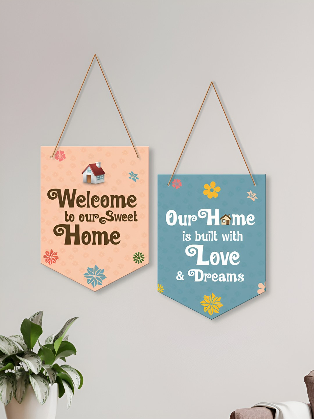 

ArtVibes Pink & Blue 2 Pieces Typography Printed Wooden Wall Hanging