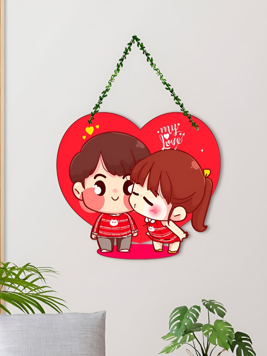 ArtVibes Red & Brown Cute Couple Decorative Wooden Wall Hanging