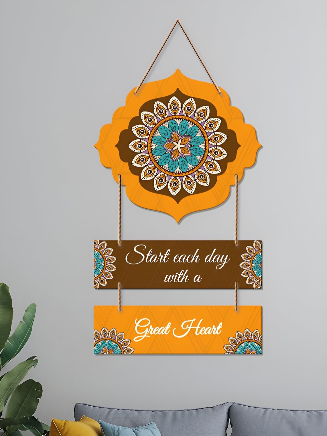 

ArtVibes Mustard Yellow & Brown Positive Quotes Printed Wooden Wall Hanging