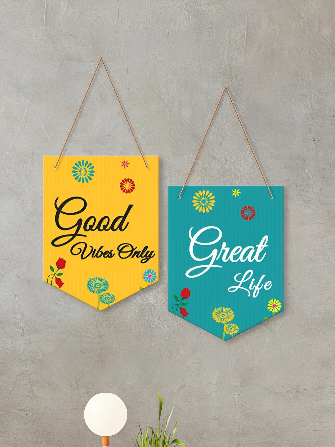 ArtVibes Yellow & Green 2 Pieces Good Vibes Printed Wall Hanging