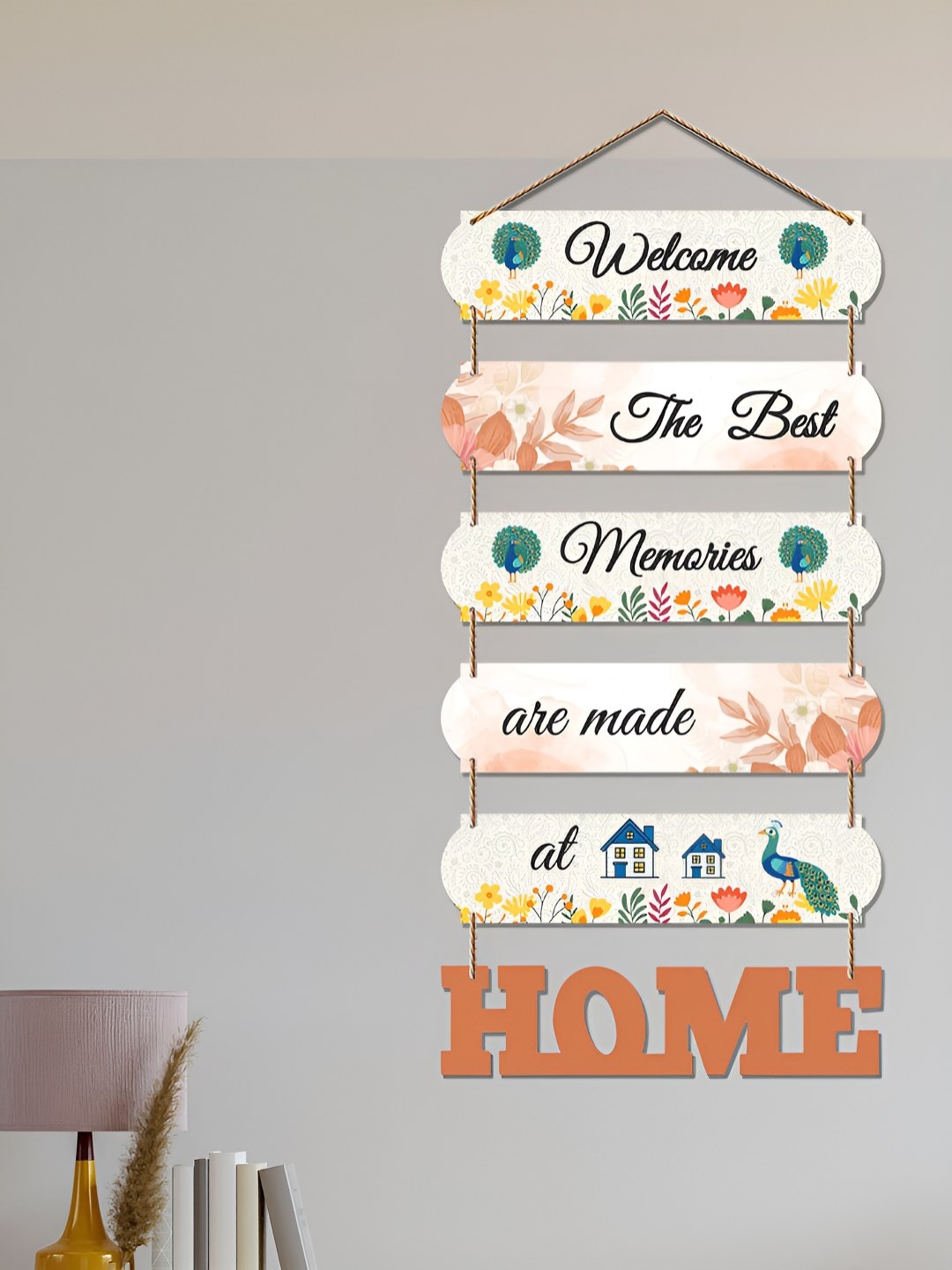 ArtVibes White & Pink Best Memories Home Quote Printed Wooden Hanging Wall Decor