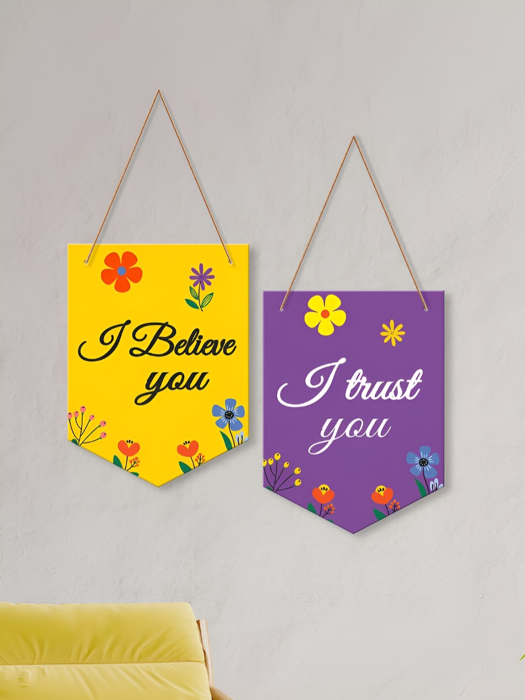 

ArtVibes Yellow & Purple 2 Pcs I Believe You Quotes Painted Wooden Wall Hanging