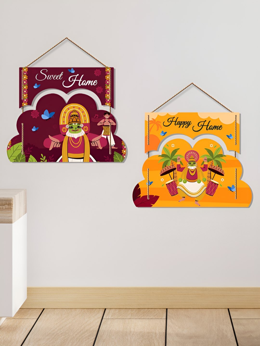 

ArtVibes Pink & Orange Coloured 2 Pieces Happy Home Printed Wall Hanging