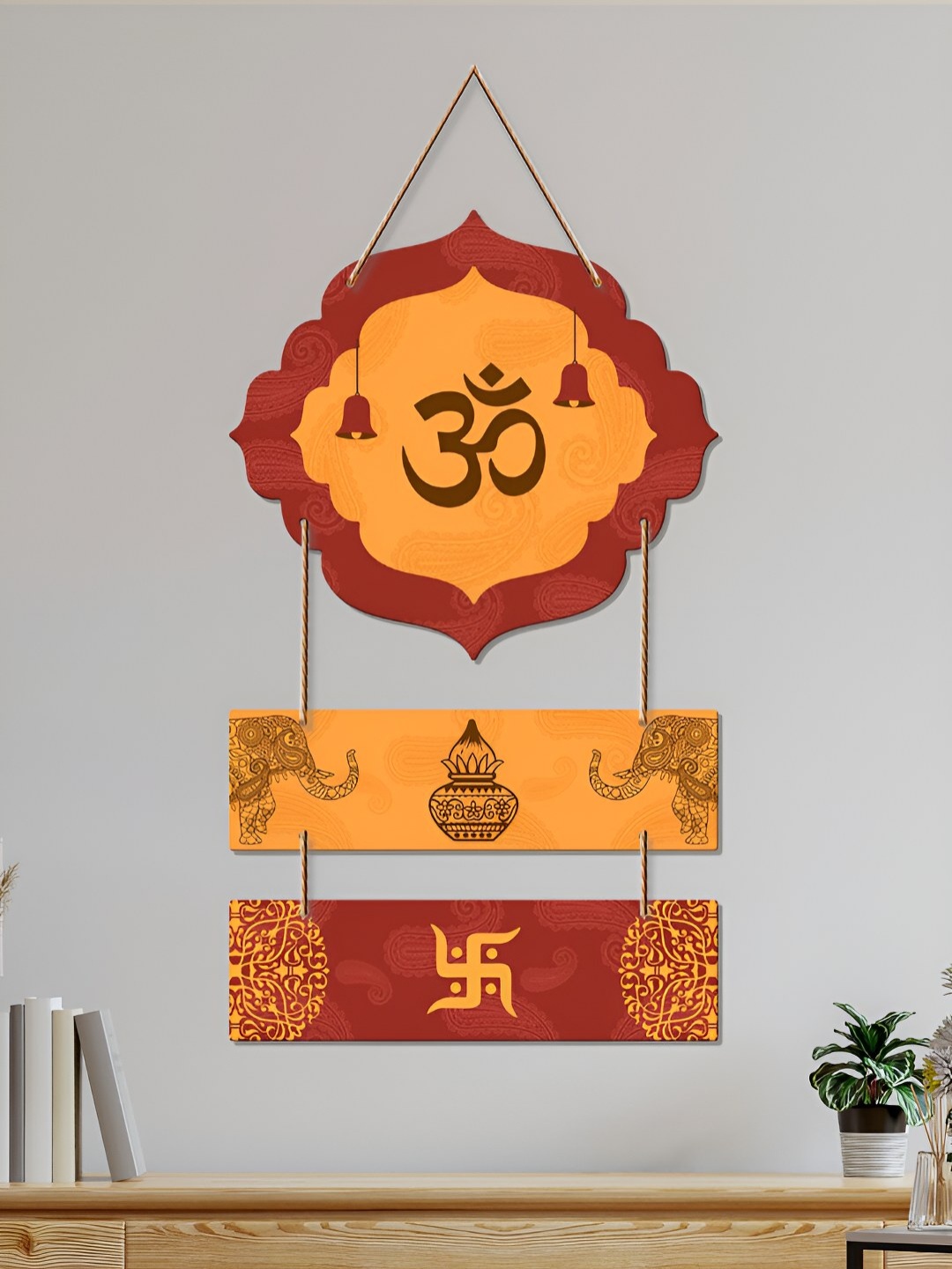 

ArtVibes Orange & Maroon Om & Swastik Printed Wooden Wall Hanging, Yellow