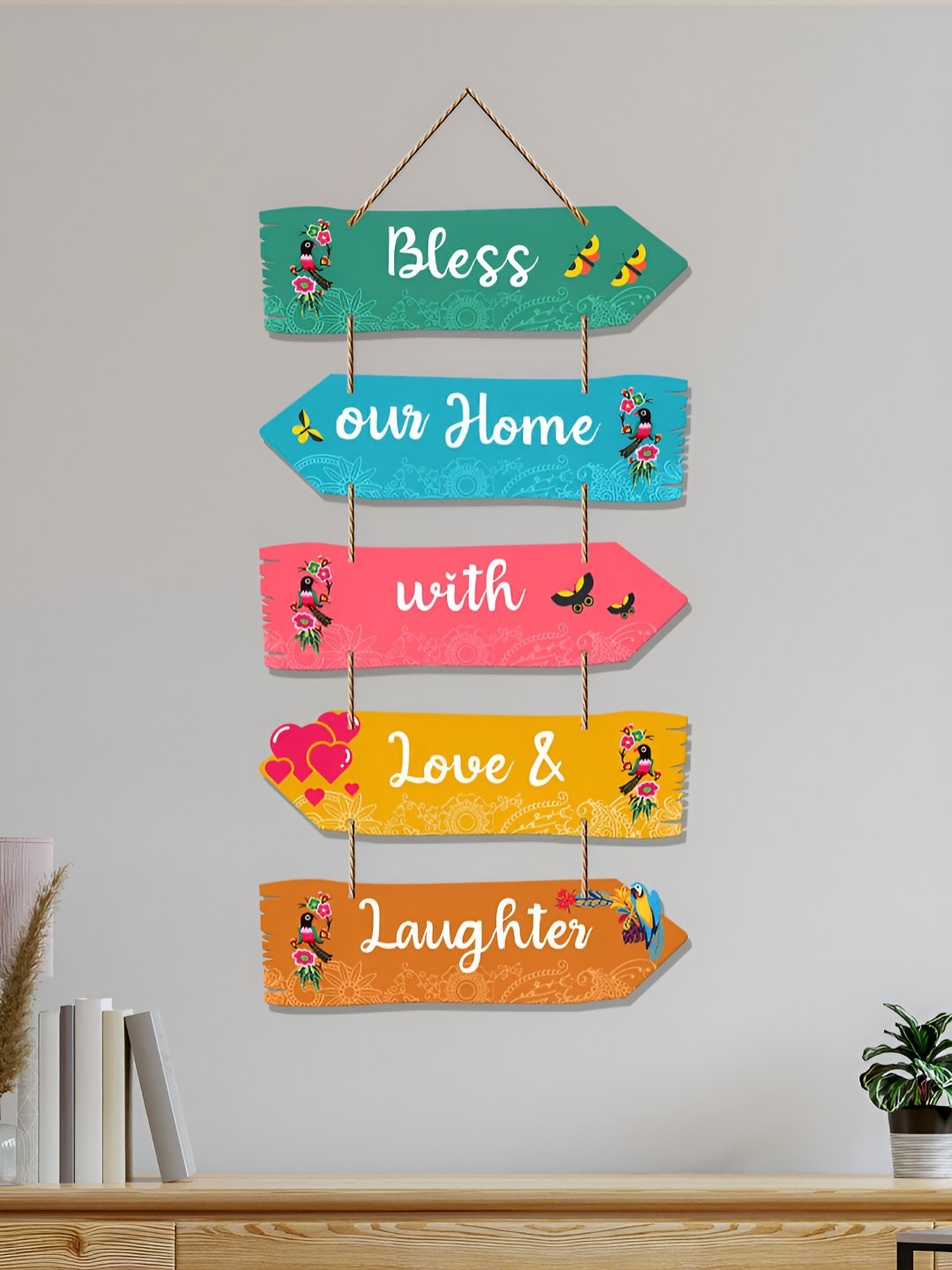 

ArtVibes Blue & Yellow Bless Our Home Quotes Wooden Hanging Wall Decor