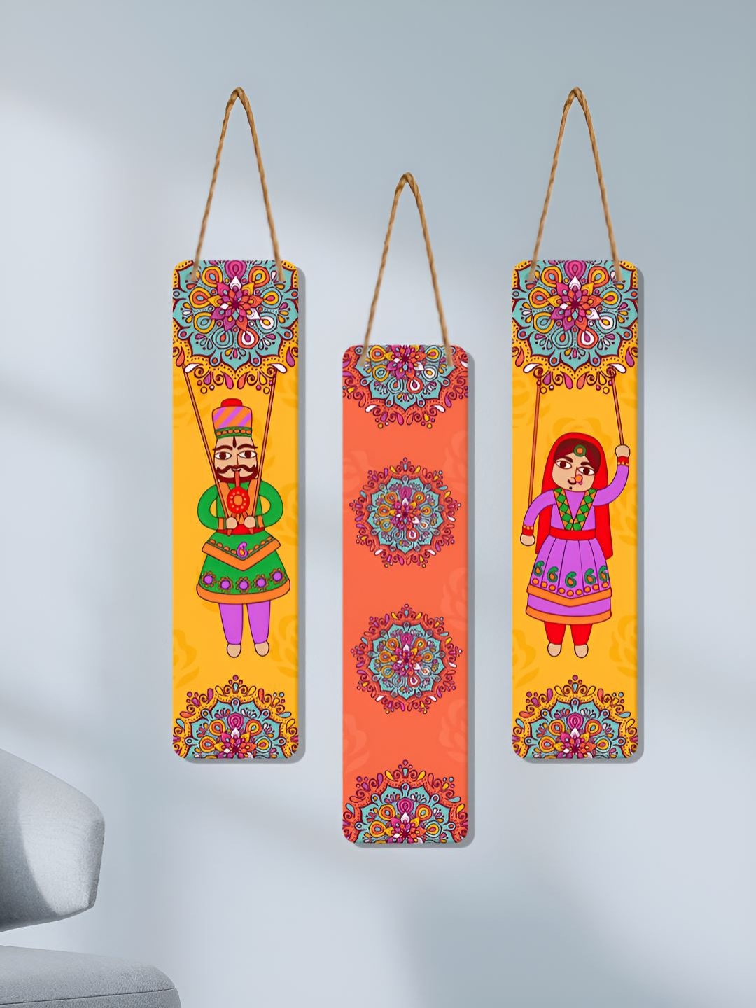 

ArtVibes Yellow & Orange Coloured 3 Pieces Dancing Puppets Printed Wall Hanging