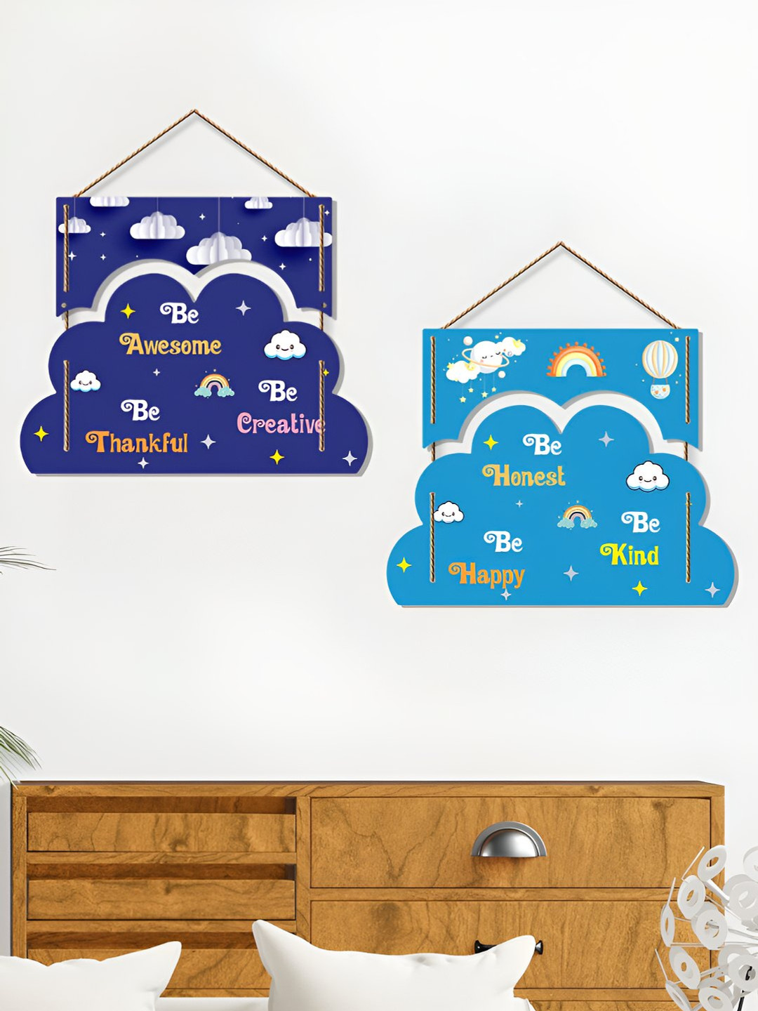 

ArtVibes 2 Pcs Blue Motivational Quotes Painted Wooden Wall Hangings