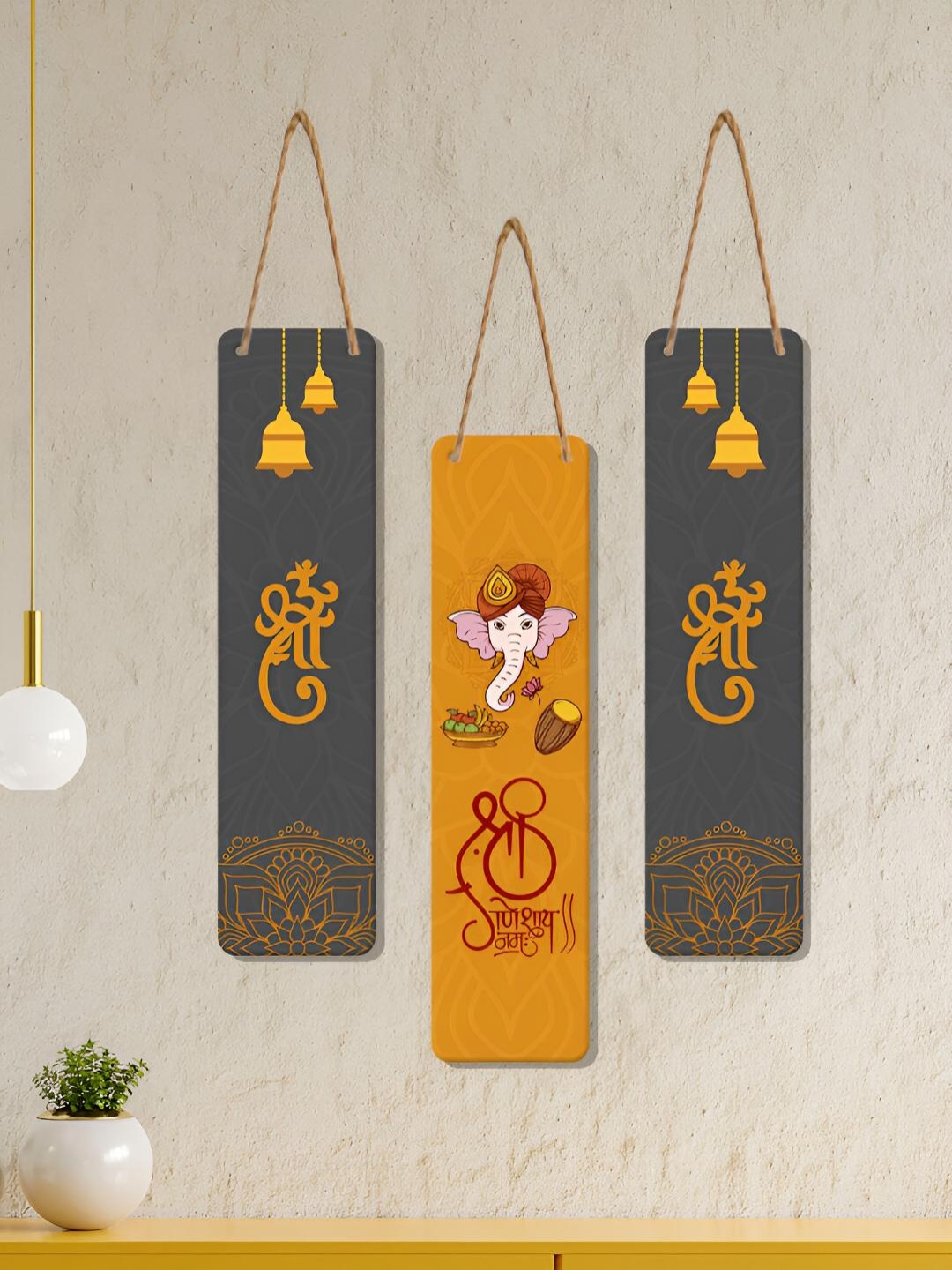 

ArtVibes 3Pcs Grey & Orange Shri Ganeshay Namah Printed Wooden Wall Hangings
