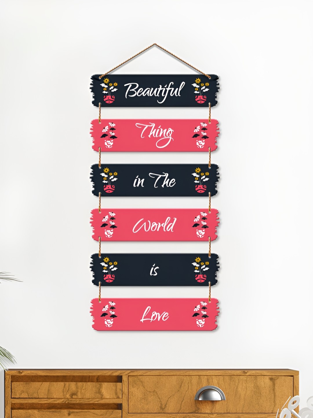 

ArtVibes Pink & Black Love Quotes Painted Wooden Wall Hanging