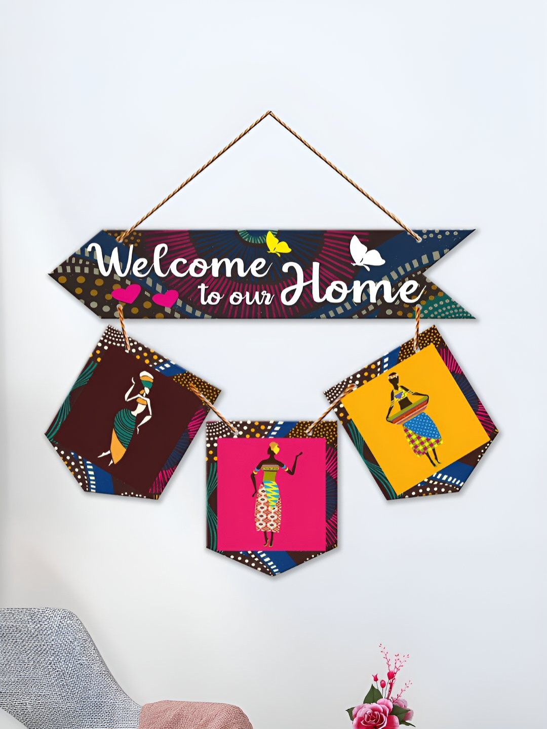 

ArtVibes Brown & Pink Welcome Quotes Wooden Hanging Wall Decor