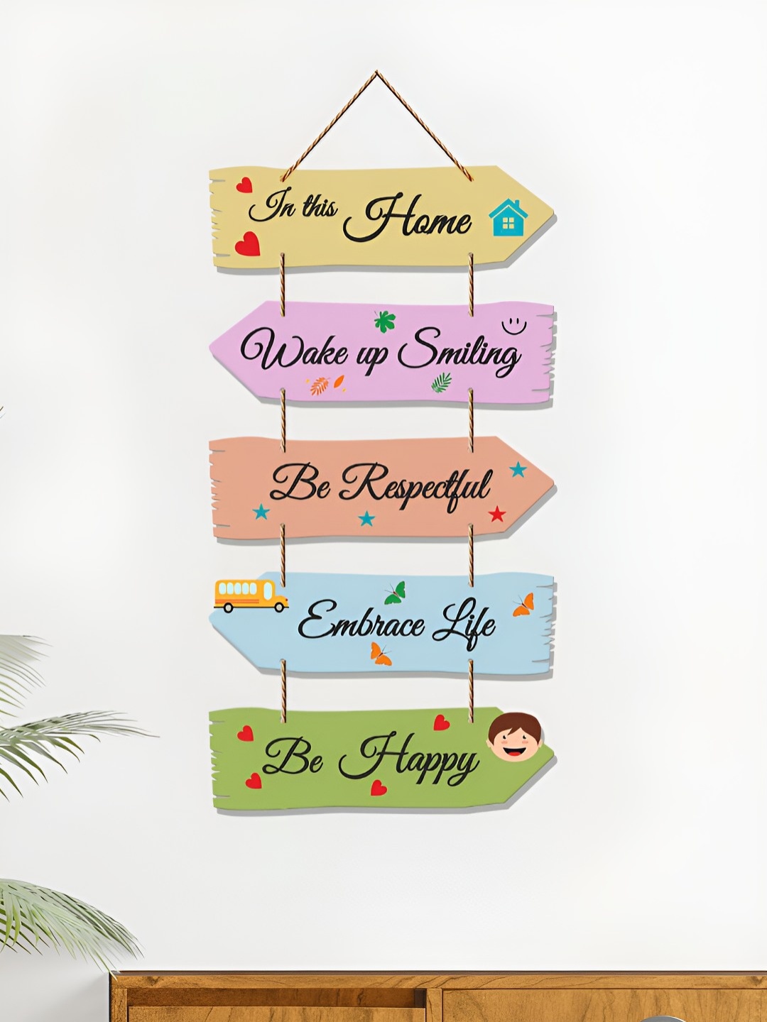 

ArtVibes Green & Pink In This Home Printed Wall Hanging, Yellow