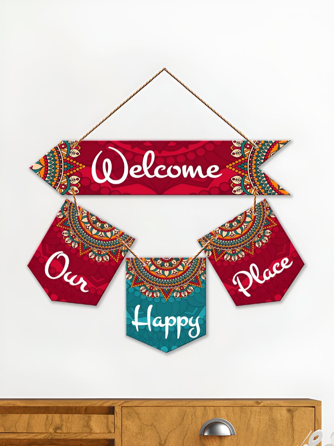 

ArtVibes Green & Red Welcome Quote Printed Wooden Wall Hanging