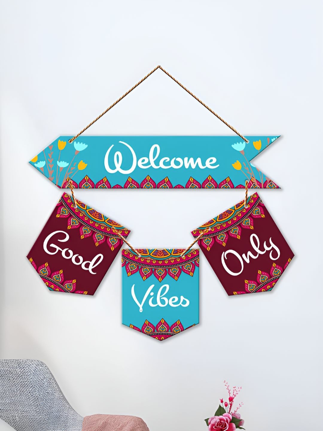 

ArtVibes Turquoise Blue & Maroon Welcome Quote Printed Wall Hanging