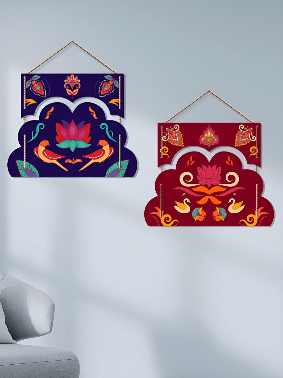 

ArtVibes Blue & Maroon Flower Painted Wooden Hanging Wall Decors
