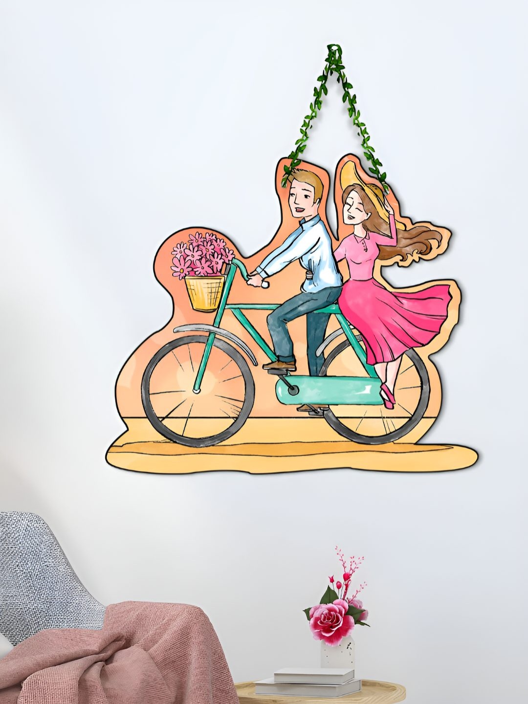 

ArtVibes Pink & Orange Couple on Bicycle Wooden Hanging Wall Decor