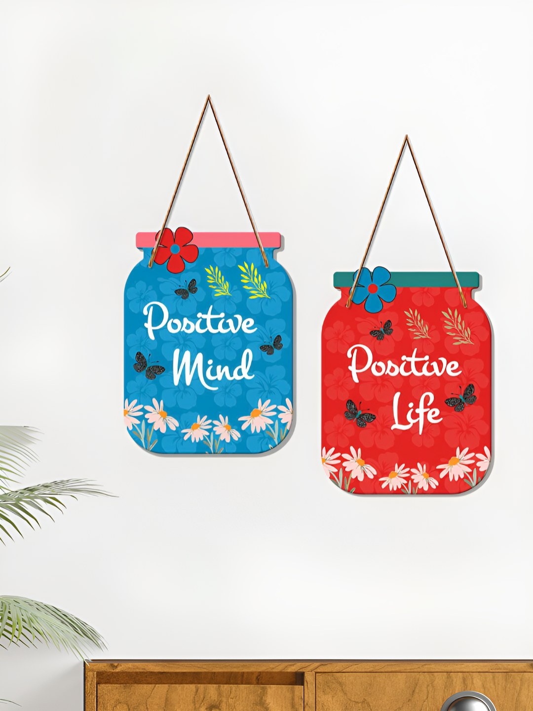 ArtVibes Pink & Blue 2 Pieces Positive Mind Printed Wood Hanging Wall Decor