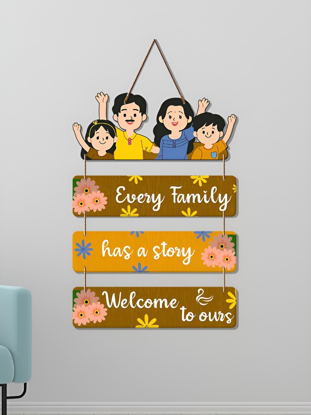 ArtVibes Brown & Yellow Family Quote Printed Wooden Family Quote Wall Hanging