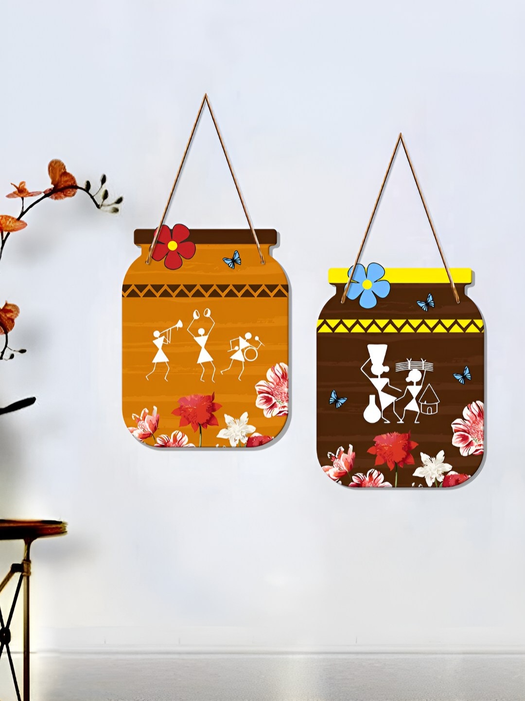 

ArtVibes Brown & Yellow 2 Pieces Printed Wooden Warli Art Wall Hanging