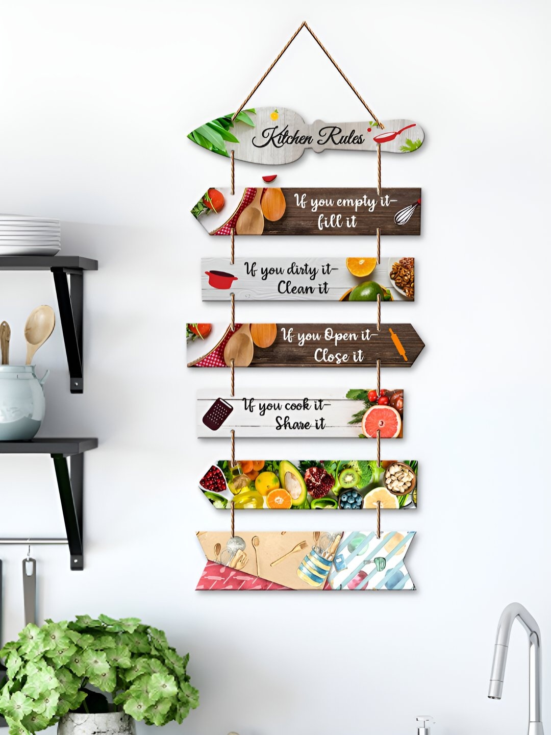 

ArtVibes White & Brown Kitchen Rules Wooden Wall Decor