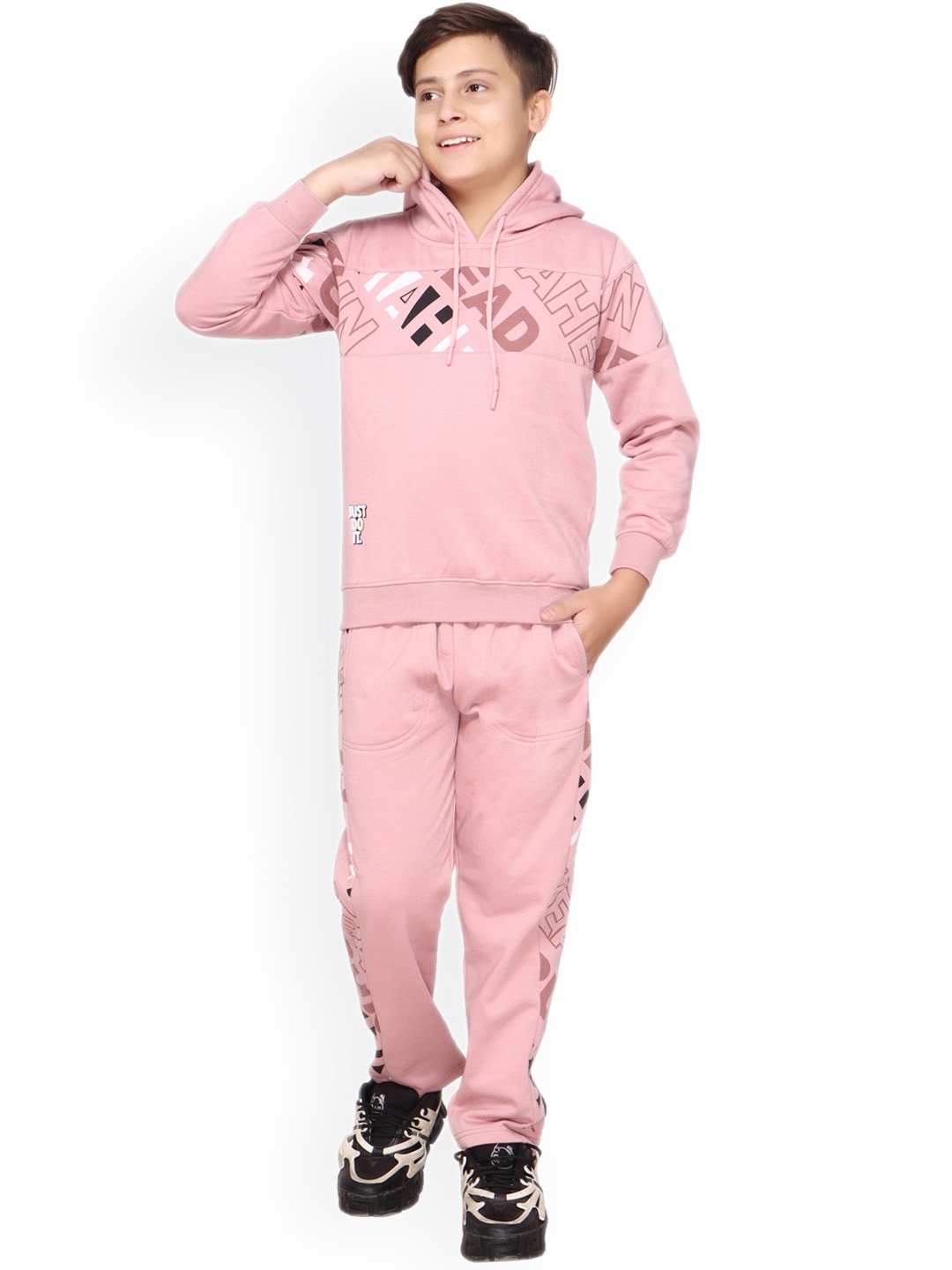 

BAESD Boys Typography Printed Hooded Fleece Tracksuit, Pink