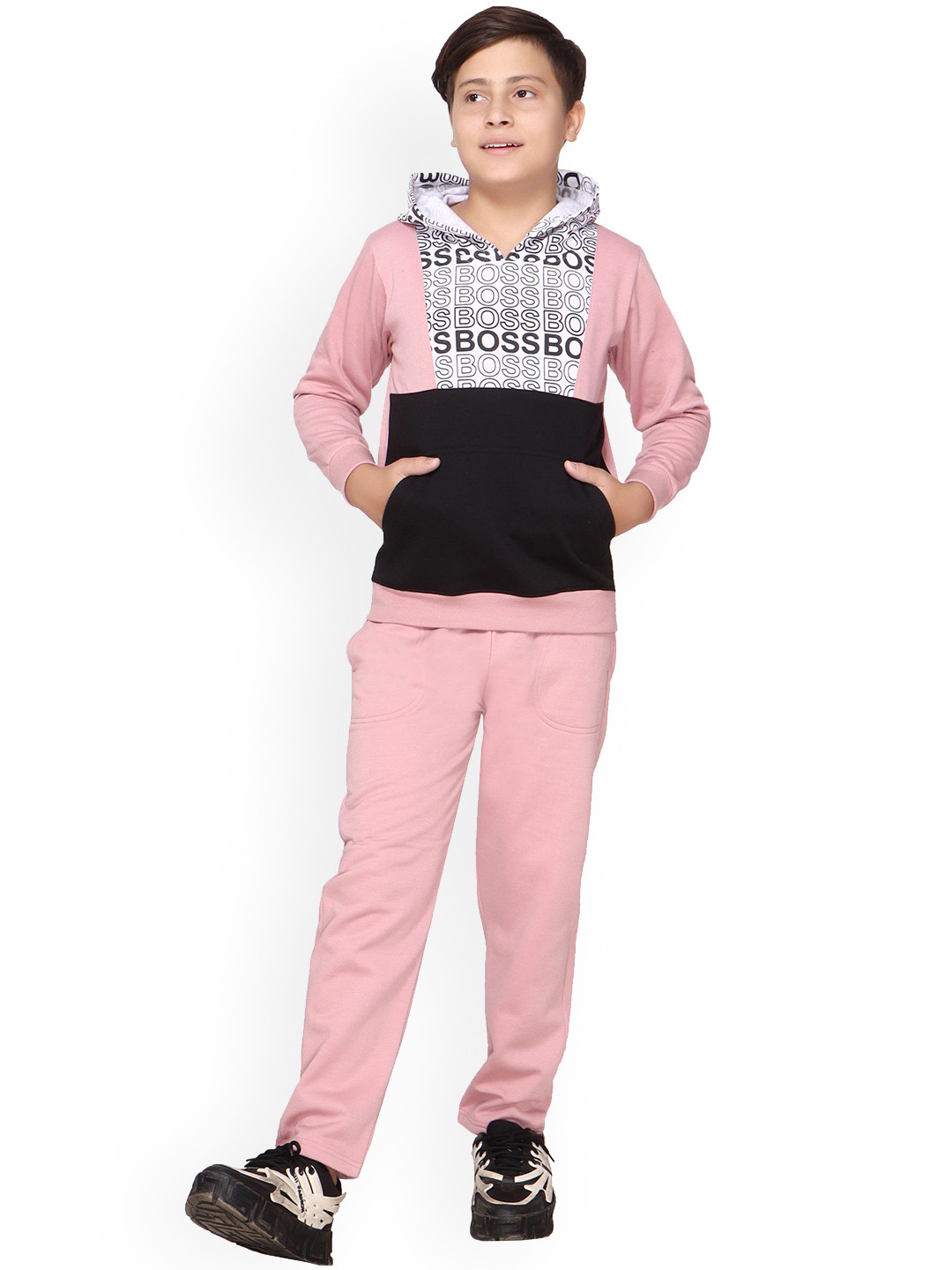 

BAESD Boys Typography Printed Hooded Fleece Tracksuit, Pink