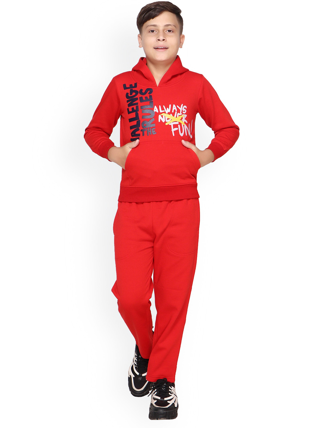 

BAESD Boys Printed Hooded Fleece Track Suit, Red