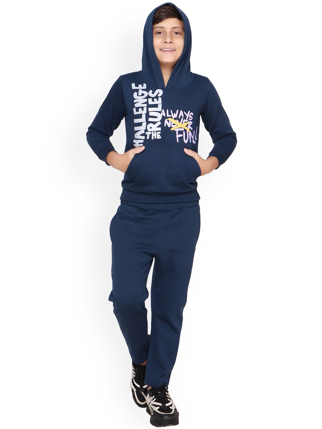 

BAESD Boys Printed Hooded Fleece Track Suit, Navy blue