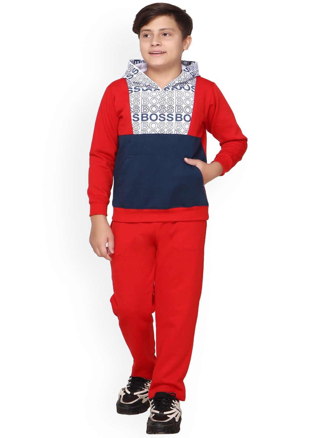 

BAESD Boys Typography Printed Hooded Fleece Tracksuit, Red