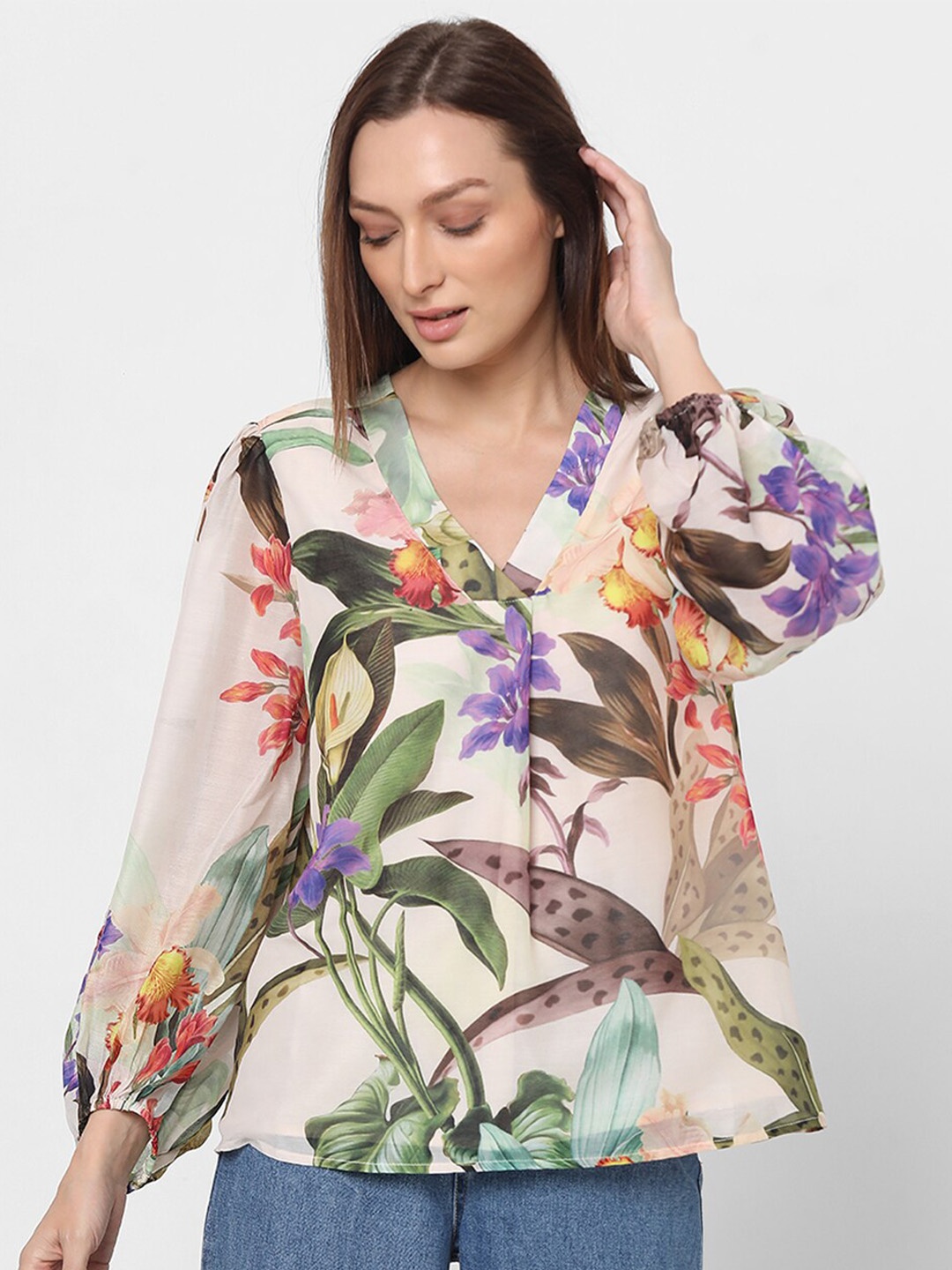 

Vero Moda Tropical Printed V-Neck Bishop Sleeves Top, Peach