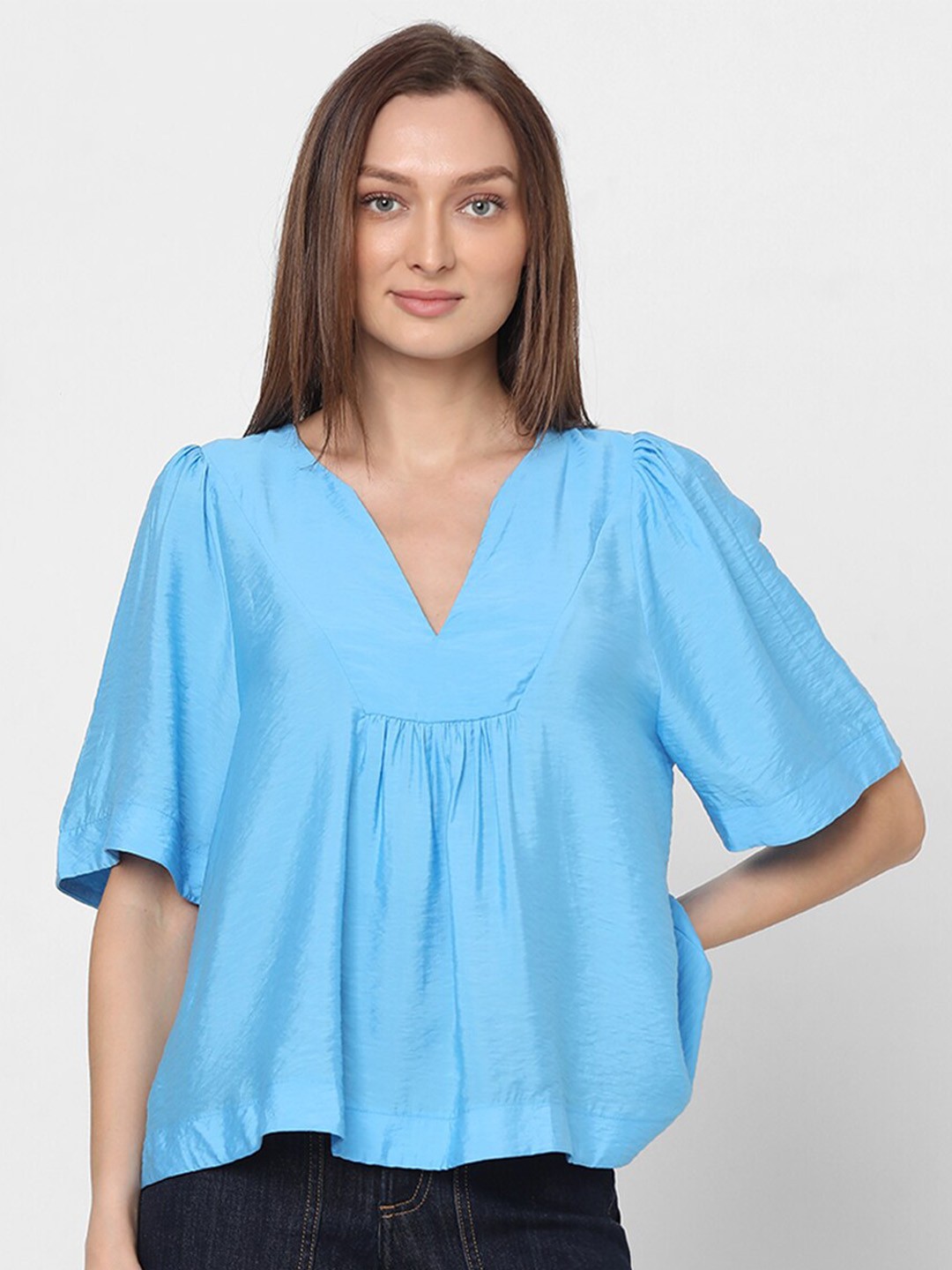 

Vero Moda V- Neck Pleated Flared Sleeves A- Line Top, Blue