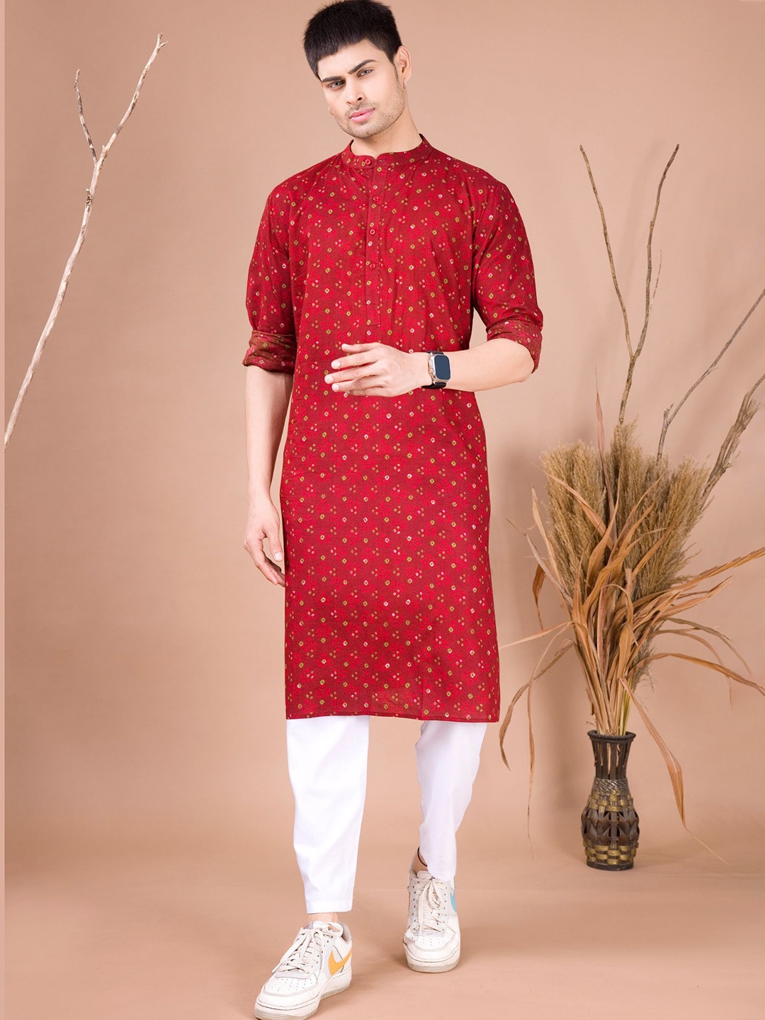

SHIWAM ETHNIX Ethnic Motifs Printed Band Collar Cotton Straight Kurta, Red