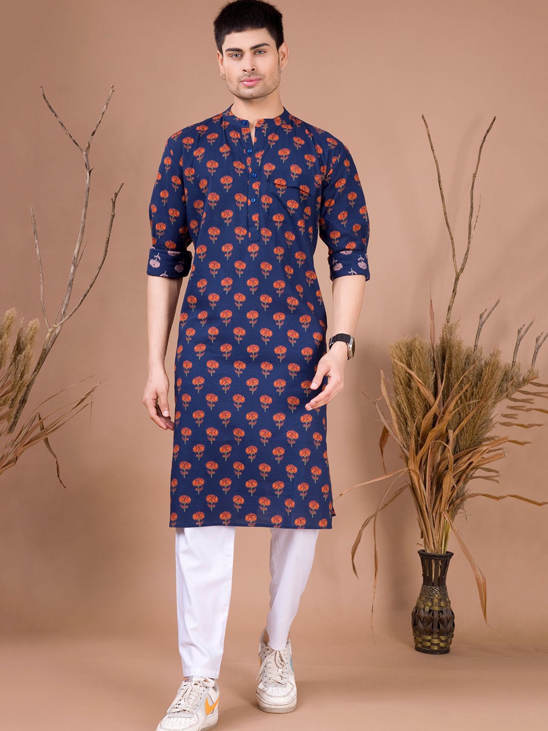 

SHIWAM ETHNIX Floral Printed Cotton Band Collar Kurta, Navy blue