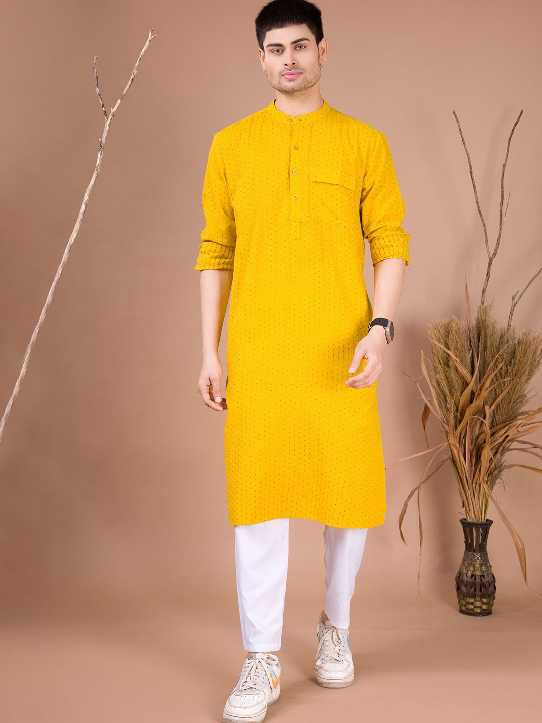 

SHIWAM ETHNIX Polka Dots Printed Band Collar Straight Kurta, Yellow