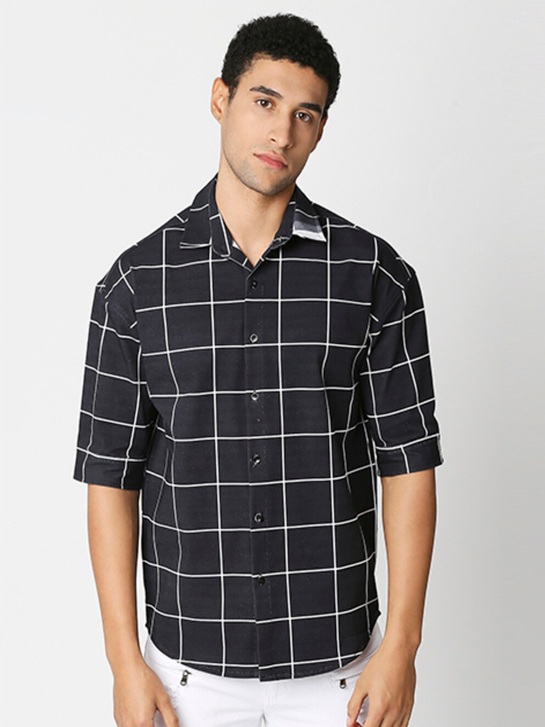 

HEMSTERS Relaxed Checked Short Sleeves Cotton Casual Shirt, Black