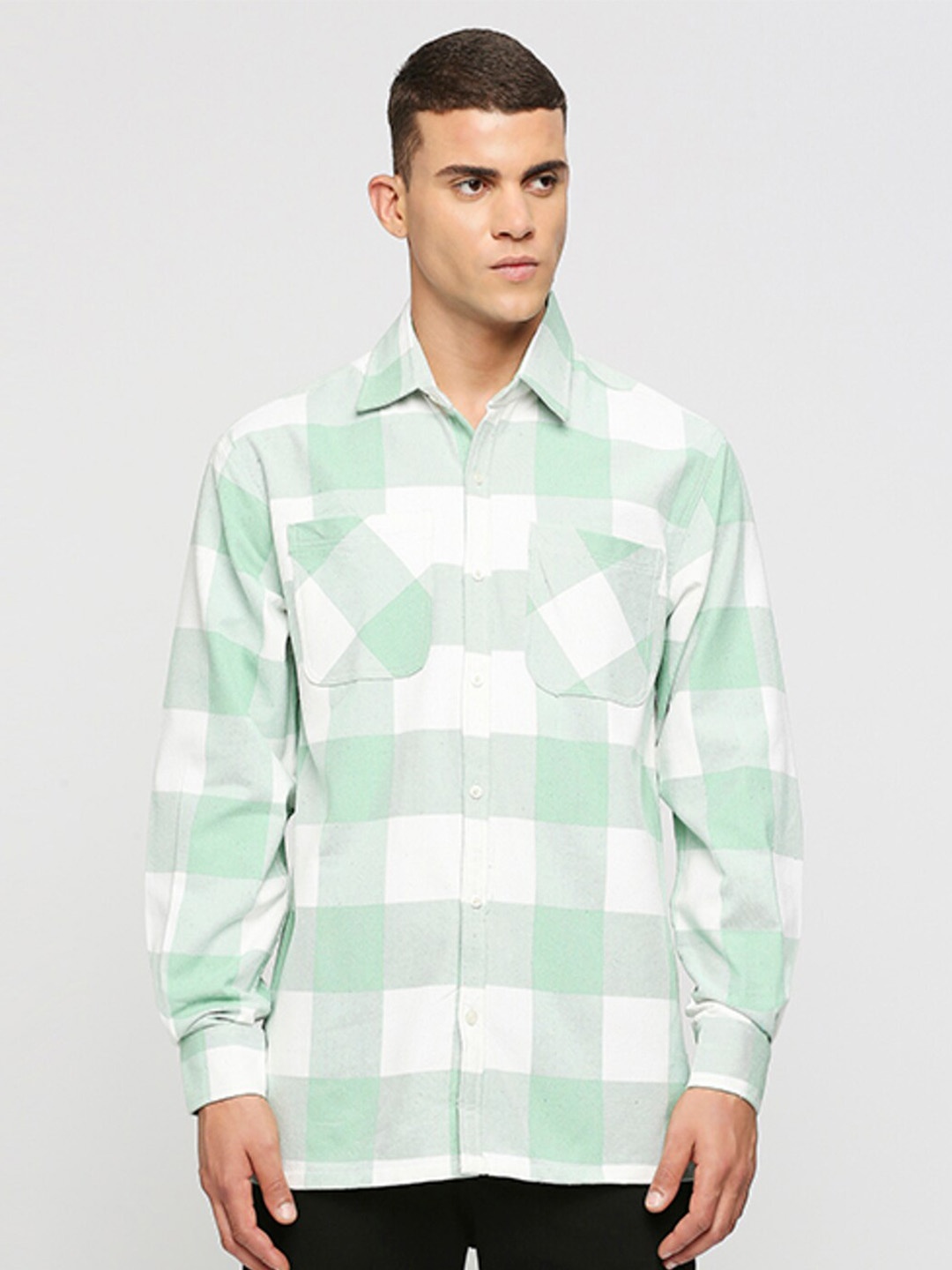 

HEMSTERS Relaxed Oversized Checked Cotton Casual Shirt, White