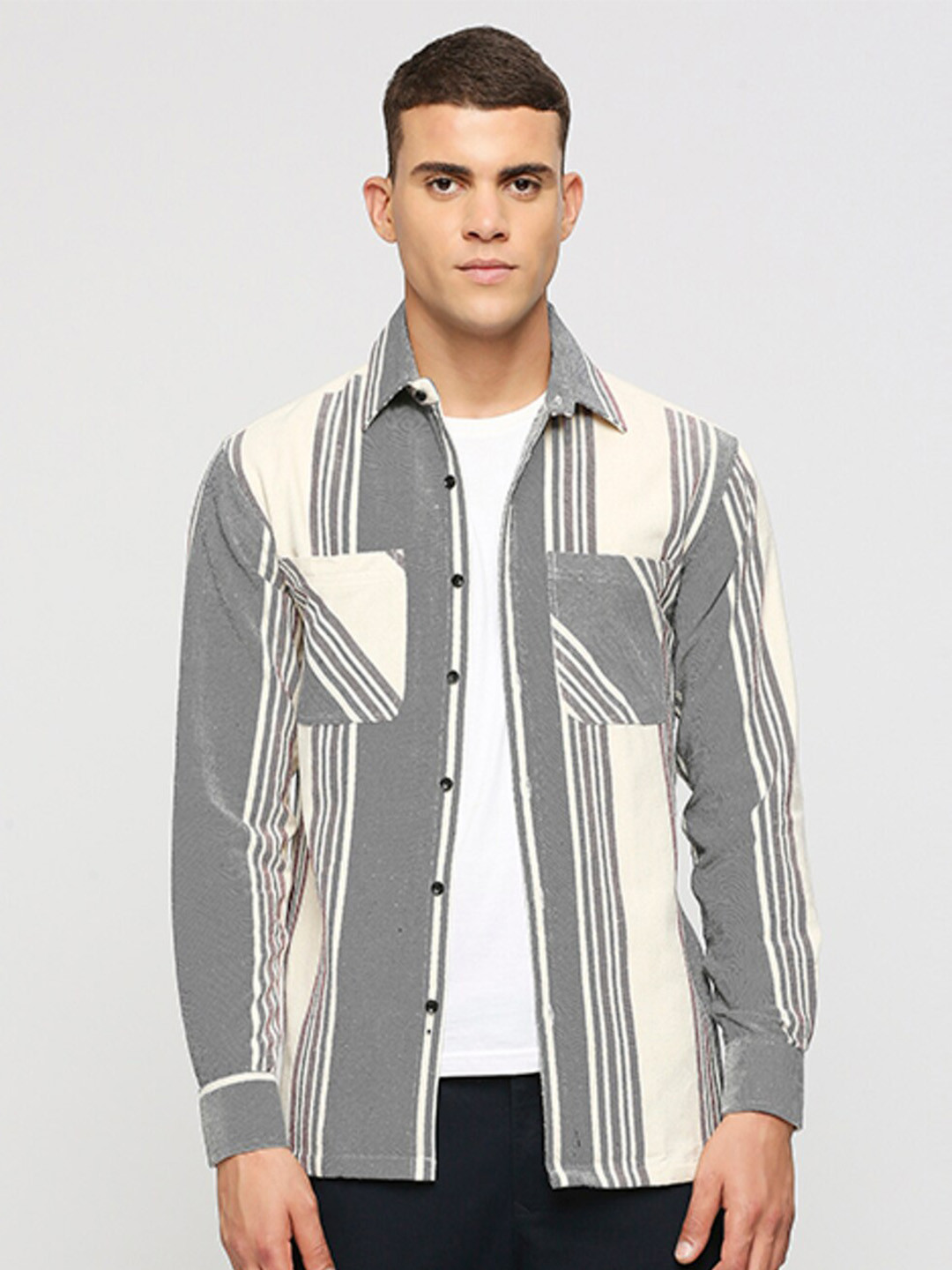 

HEMSTERS Relaxed Oversized Vertical Stripes Twill Cotton Shackets, Cream