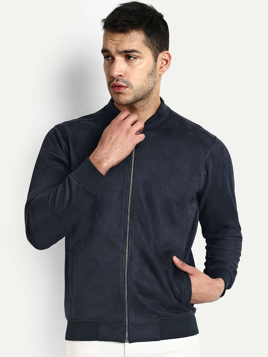 

REPRISE Stand Collar Long Sleeve Zip Detail Suede Lightweight Bomber Jacket, Navy blue