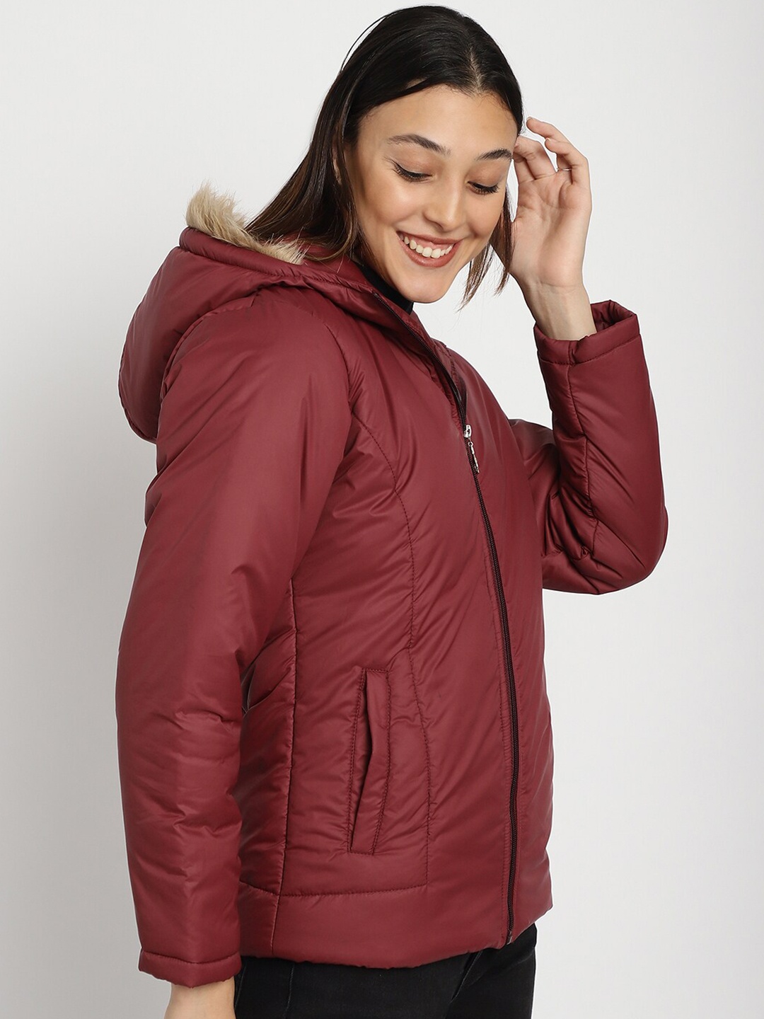 

9ty3ree Hooded Insulator Parka Jacket With Faux Fur Trim, Maroon