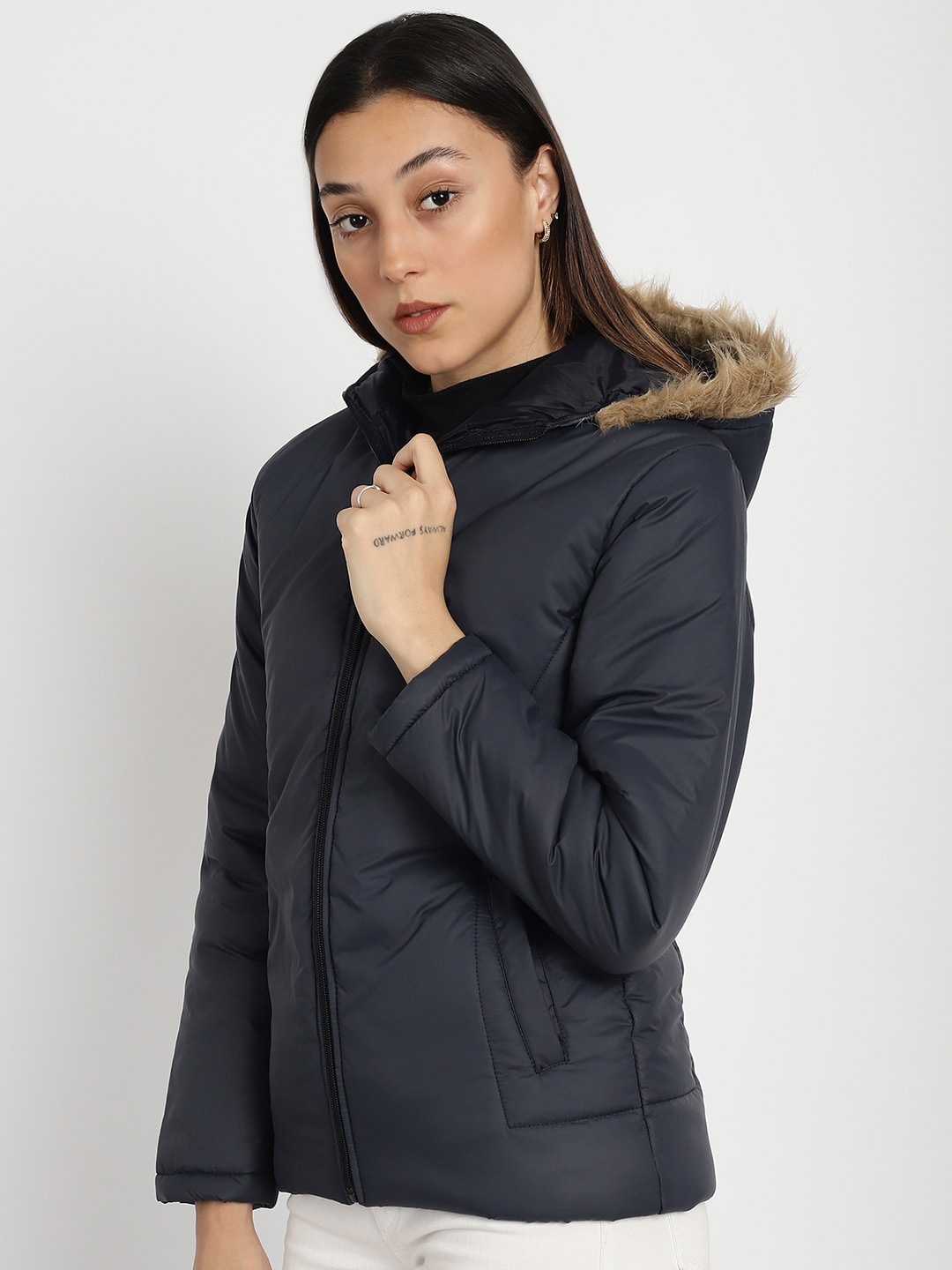 

9ty3ree Hooded Insulator Parka Jacket With Faux Fur Trim, Navy blue