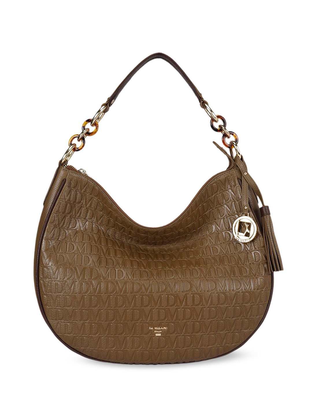 

Da Milano Brand Logo Textured Tasselled Detail Leather Hobo Bag, Brown