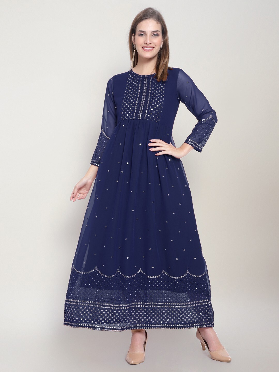 

Goti's Sequin Embellished Long Sleeves Flared Maxi Ethnic Dress, Navy blue