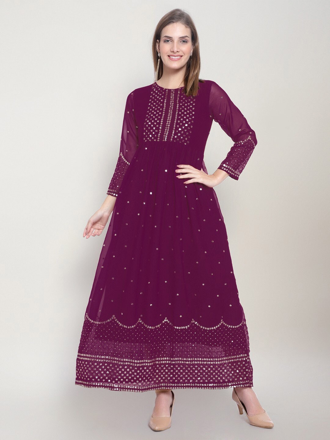 

Goti's Sequin Embellished Long Sleeves Flared Maxi Ethnic Dress, Purple