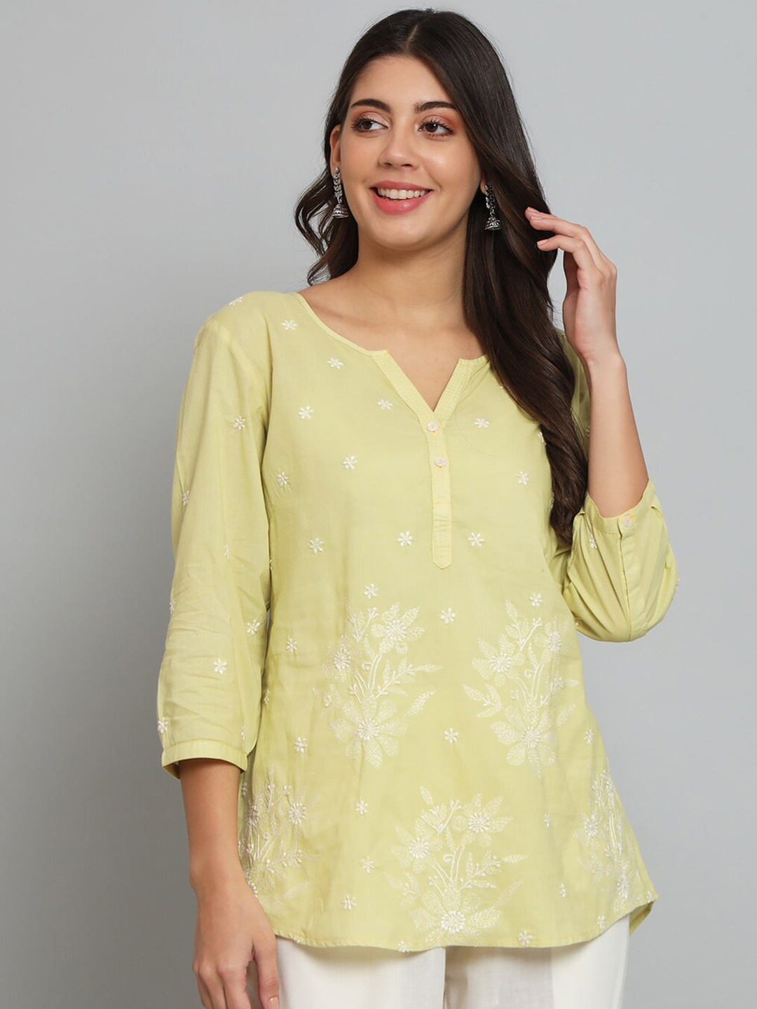 

akheri Lavender Floral Embroidered Pure Cotton Top, Yellow