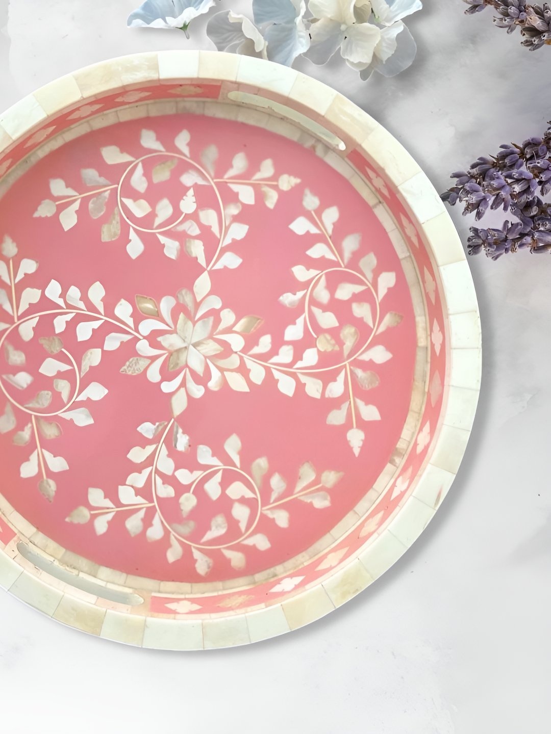 

CasaGold Pink Bone Inlay Leaf Designed Tray