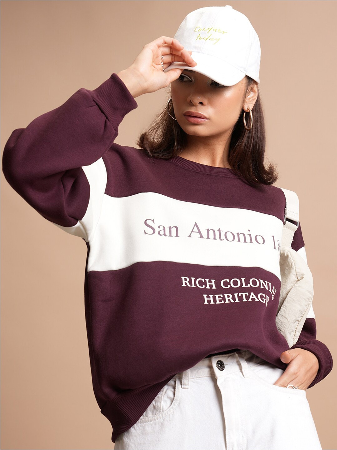 

Tokyo Talkies Maroon Typography Printed Oversized Pullover