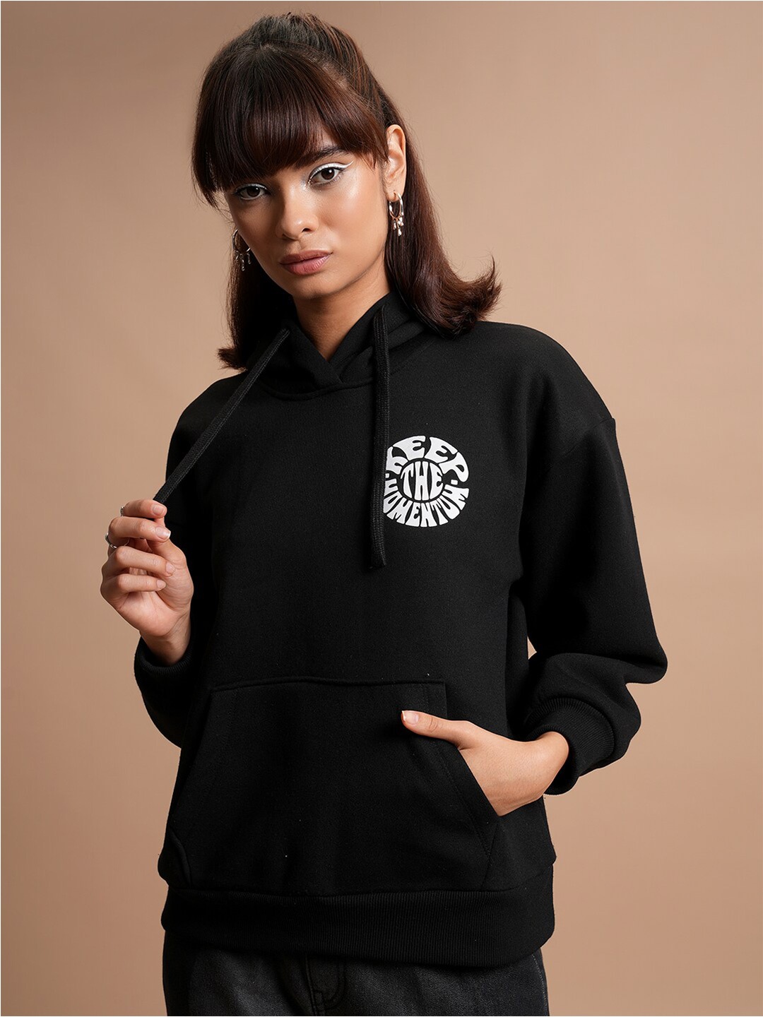 

Tokyo Talkies Typography Printed Oversized Hooded Pullover Sweatshirt, Black