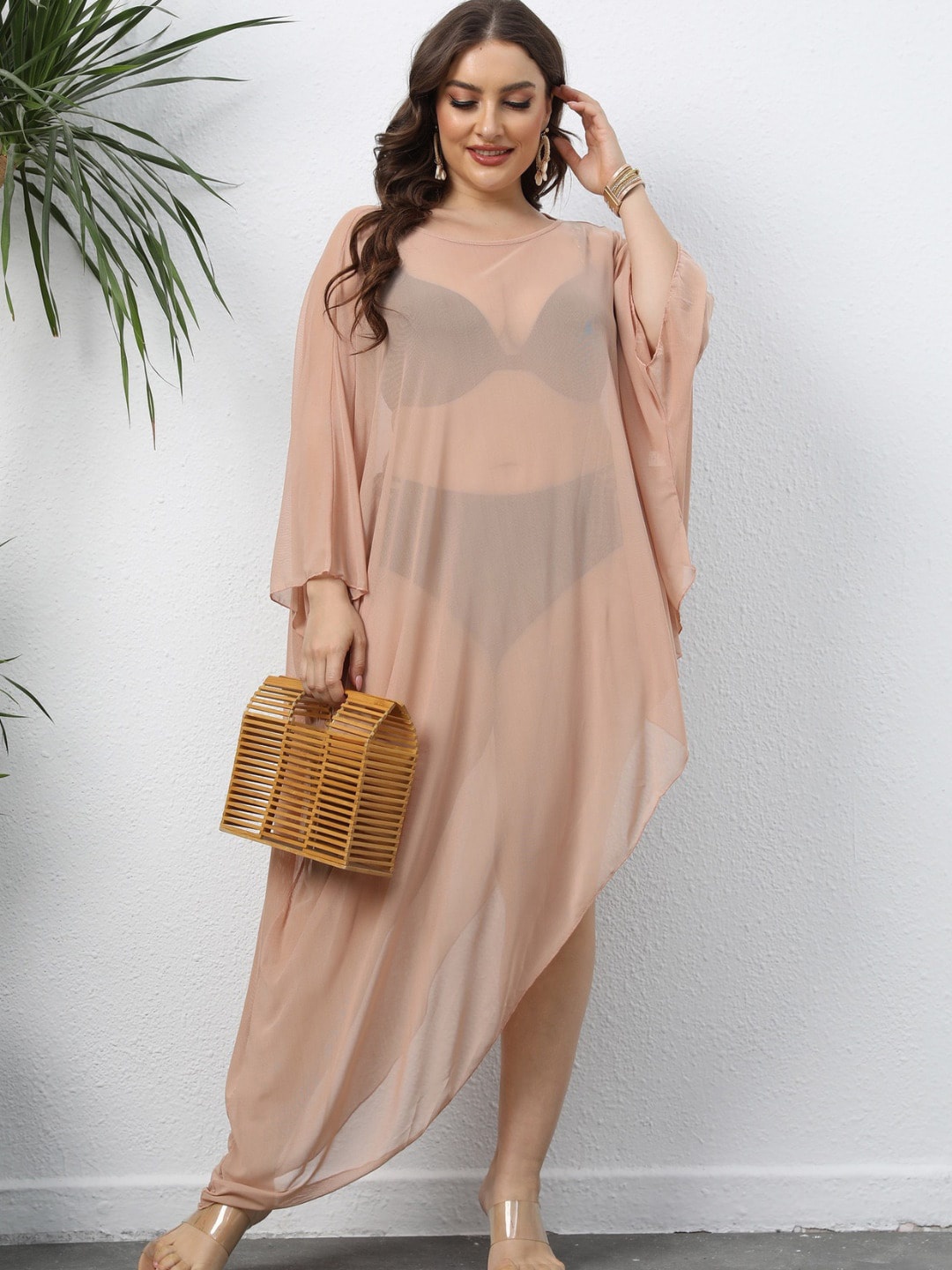 

Addery Plus Size Sheer Swimwear Cover Up Top, Beige
