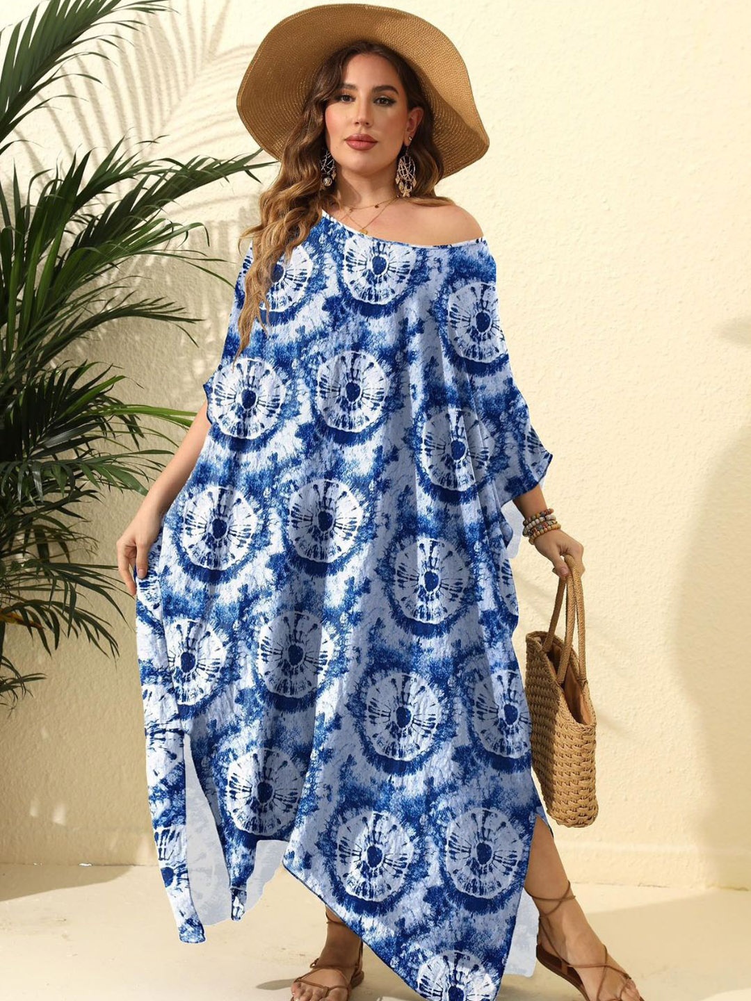 Addery Plus Size Abstract Printed Cover Up Dress, Blue