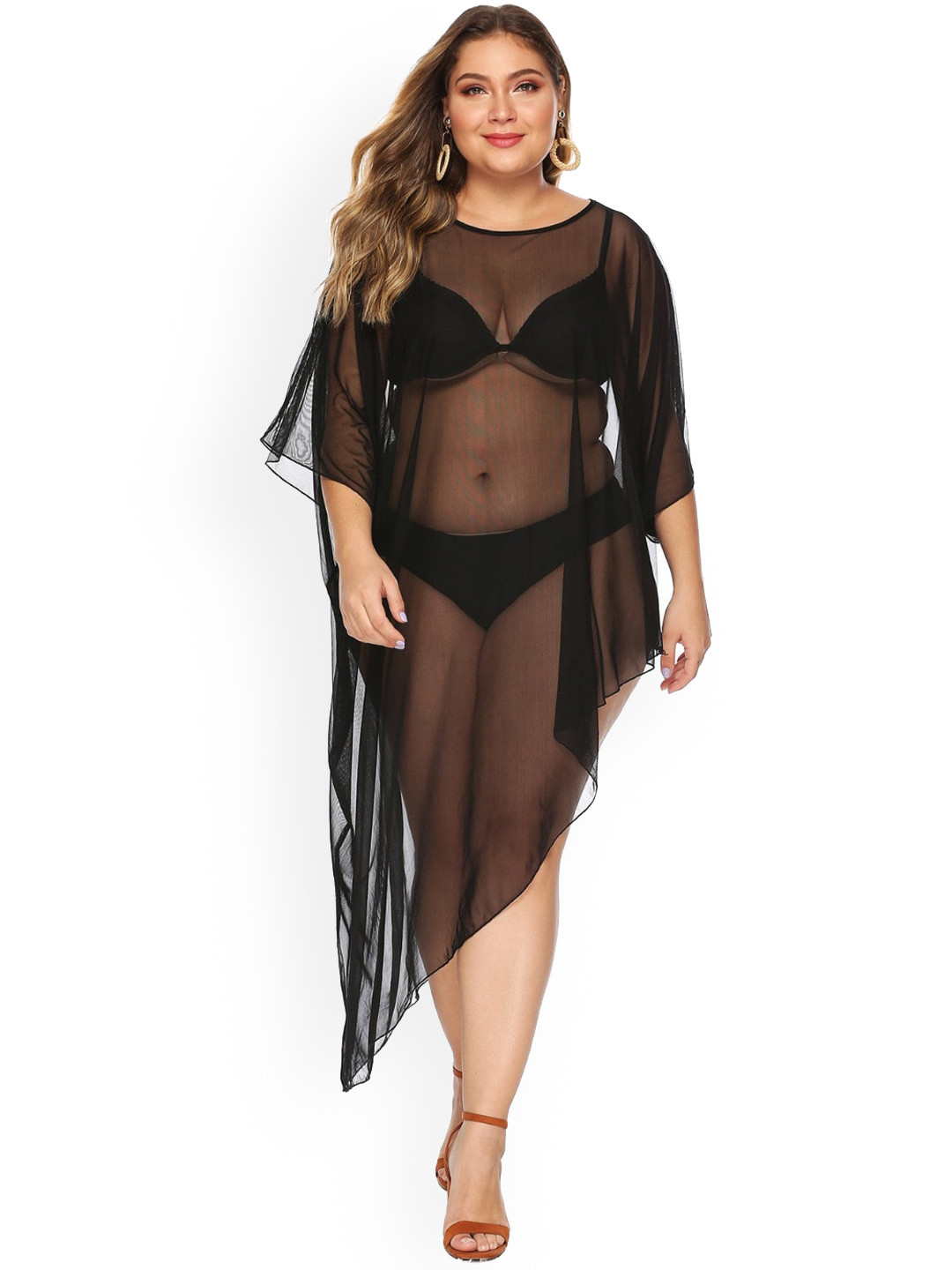 

Addery Plus Size Asymmetrical Mesh Swimwear Cover Up Top, Black